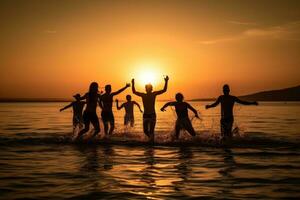 silhuetas do jovem grupo do pessoas pulando dentro mar às pôr do sol. conceito horário de verão férias. generativo ai foto