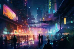 ilustração vida noturna do uma futurista cidade, com fluorescente luzes iluminador a ruas. a cena é enérgico e dinâmico, com pessoas dançando e socializar dentro clubes e bares. generativo ai foto