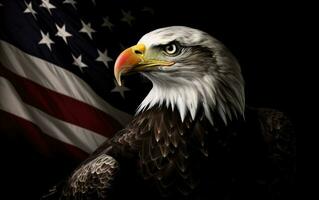 Bravo norte americano Careca Águia sobre americano bandeira. patriótico feriado comemoro 4º do julho. generativo ai. foto