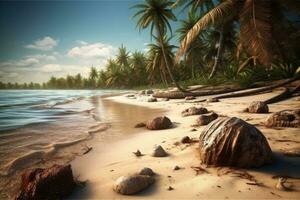 uma de praia com coco Palmeiras, coco folhas, estrela do Mar, cartuchos, e areia. generativo ai foto