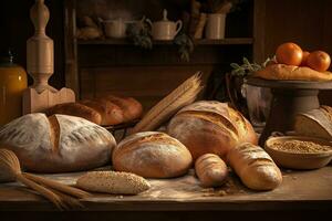 Visão do sortimento do diferente tipo do pão padaria. conceito cardápios e anúncio. generativo ai foto
