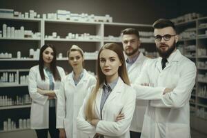 publicidade retrato tiro do uma equipe do farmacêuticos em pé juntos dentro uma farmacia e sorridente às a Câmera. generativo ai foto