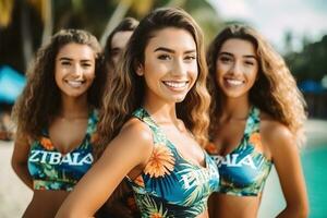 publicidade retrato tiro do uma jovem fêmea menina equipe em pé juntos dentro a tropical recorrer de praia e elas Veja às a Câmera. generativo ai. foto