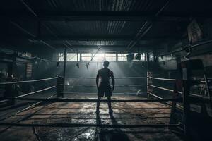 costas Visão do boxer Treinamento em a anel dentro uma velho academia. generativo ai foto