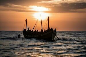 jovem norte africanos quem fugir para dentro a mar com seus barco durante ilegal imigração. generativo ai foto