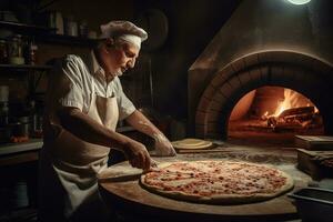 pizza criador prepara uma pizza dentro uma típica pizzaria, pizza margherita é pronto para culinária, atrás ele lá é a forno sobre, em a pizza lá é manjericão, mozzarella e tomate. generativo ai. foto