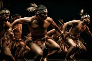 nativo americano artistas dentro uma concurso dança, corpos angular dentro perfil Como elas remo 1 perna e esticar a outro. generativo ai foto