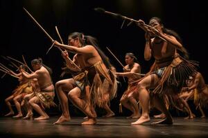 nativo americano artistas dentro uma concurso dança, corpos angular dentro perfil Como elas remo 1 perna e esticar a outro. generativo ai foto