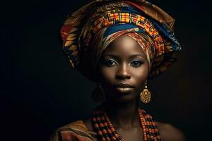 uma retrato do africano mulher dentro tradicional cocar. generativo ai foto