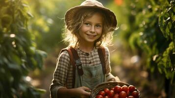 lindo menina agricultor com grande quantidade do tomate por aí dela dentro a vegetal jardim durante colheita temporada. generativo ai foto