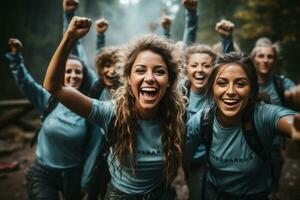 uma grupo do amigos torcendo e cumprimentando depois de completando uma Diversão e desafiador obstáculo curso corrida. generativo ai foto