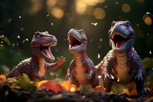 uma comovente cena apresentando uma família do dinossauros jogando junto, invocando uma sentido do alegria e vínculo dentro a pré-histórico mundo. generativo ai foto