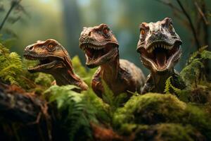 uma comovente cena apresentando uma família do dinossauros jogando junto, invocando uma sentido do alegria e vínculo dentro a pré-histórico mundo. generativo ai foto