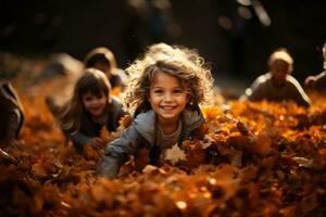 crianças jogando dentro uma pilha do outono folhas em Ação de graças dia. a cena poderia estar conjunto dentro uma quintal ou parque, com crianças pulando e rindo Como elas apreciar a fresco outono ar. generativo ai foto