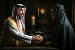 árabe xeque homem de negocios dando uma aperto de mão para dele o negócio parceiro. generativo ai foto