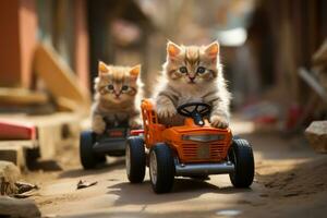 gatos sentado majestosamente dentro brinquedo carros , demonstrando seus sentido do aventura e audaz. generativo ai foto