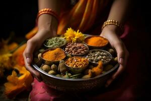 mãos segurando uma tradicional indiano especiaria caixa Masala dabba com curcuma Como uma peça central. generativo ai foto