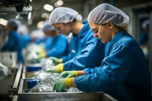 trabalhadores tratamento e em processamento cru materiais dentro uma limpar \ limpo e organizado fabricação instalação. generativo ai foto