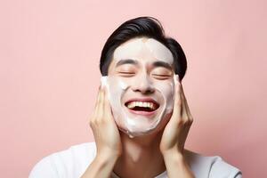 bonito ásia homem lavando face com cópia de espaço em sólido pastel fundo.beleza,pele Cuidado e spa conceito, ásia mulher retrato.criado com generativo ai tecnologia. foto