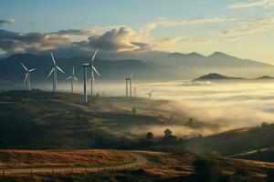 vento turbina Fazenda com montanhas ,pôr do sol e céu.renovável energia conceito .criada com generativo ai tecnologia. foto