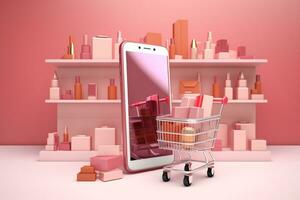 3d Smartphone com Cosmético loja online compras conceito.criado com generativo ai tecnologia. foto