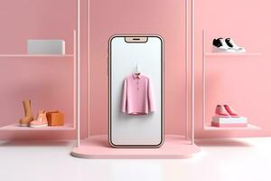 3d Smartphone com roupas loja online compras conceito.criado com generativo ai tecnologia. foto