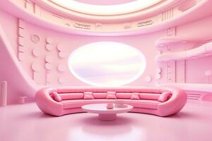 futurismo Rosa vivo quarto com cópia de com sofá e plantas espaço dentro a futuro.criado com generativo ai tecnologia. foto