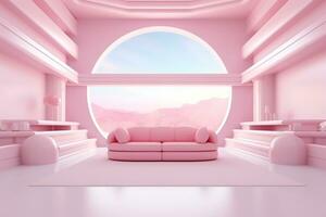 futurismo Rosa vivo quarto com cópia de com sofá e plantas espaço dentro a futuro.criado com generativo ai tecnologia. foto