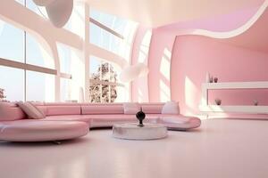 futurismo Rosa vivo quarto com cópia de com sofá e plantas espaço dentro a futuro.criado com generativo ai tecnologia. foto