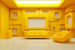 futurismo amarelo vivo quarto com cópia de com sofá e plantas espaço dentro a futuro.criado com generativo ai tecnologia. foto