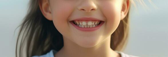 fechar acima do uma pequeno menina sorridente com limpar \ limpo dentes.saúde conceito.criado com generativo ai tecnologia. foto