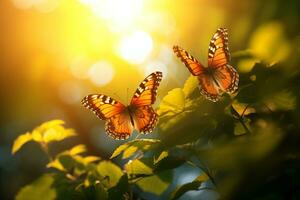 macro fotografia, borboletas dentro a flores com manhã luz com cópia de espaço.criado com generativo ai tecnologia. foto