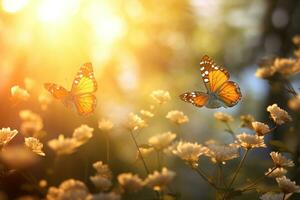 macro fotografia, borboletas dentro a flores com manhã luz com cópia de espaço.criado com generativo ai tecnologia. foto