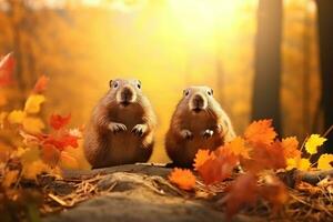 fofa marmotas dentro a outono floresta com outono folhas.criado com generativo ai tecnologia. foto