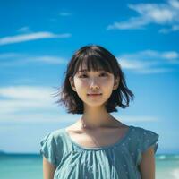 lindo ásia menina desfrutando verão dentro a de praia ai generativo foto