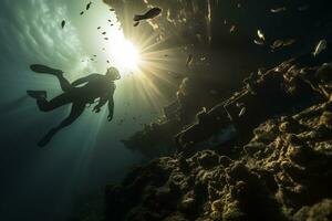 livre mergulhador explorando uma naufrágio ai generativo foto