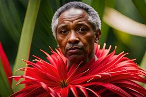 uma homem dentro uma vermelho camisa com uma flor dentro dele mão. gerado por IA foto