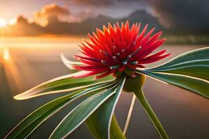 uma vermelho flor é dentro frente do a Sol. gerado por IA foto