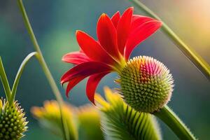 uma vermelho flor com verde hastes e uma Sol brilhando. gerado por IA foto