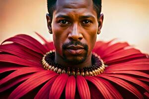 uma homem com uma vermelho flor em dele cabeça. gerado por IA foto