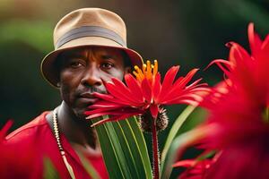 uma homem dentro uma chapéu é olhando às uma flor. gerado por IA foto