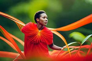 uma mulher dentro uma vermelho vestir é cercado de colorida fitas. gerado por IA foto