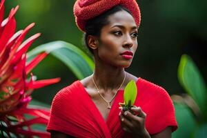 uma mulher dentro uma vermelho vestir segurando uma flor. gerado por IA foto