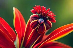 uma fechar acima do uma vermelho flor com uma verde Centro. gerado por IA foto