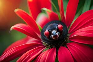 uma fechar acima do uma vermelho flor com uma Preto pássaro. gerado por IA foto