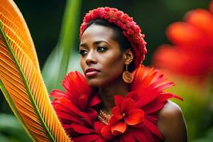 uma lindo mulher dentro uma vermelho vestir com uma ampla flor. gerado por IA foto