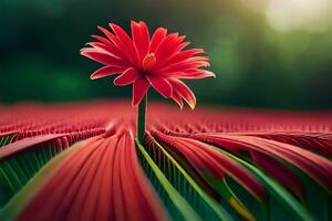 uma vermelho flor é em pé em topo do uma verde campo. gerado por IA foto