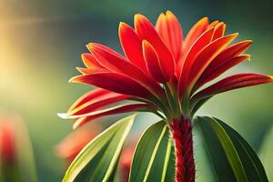 uma vermelho flor com verde folhas dentro a Sol. gerado por IA foto