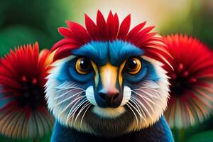 uma colorida pássaro com vermelho cabelo e azul olhos. gerado por IA foto