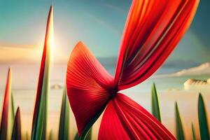 uma vermelho flor com uma Sol dentro a fundo. gerado por IA foto